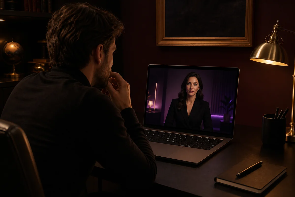 Man having a private conversation with an AI Dominatrix on a laptop