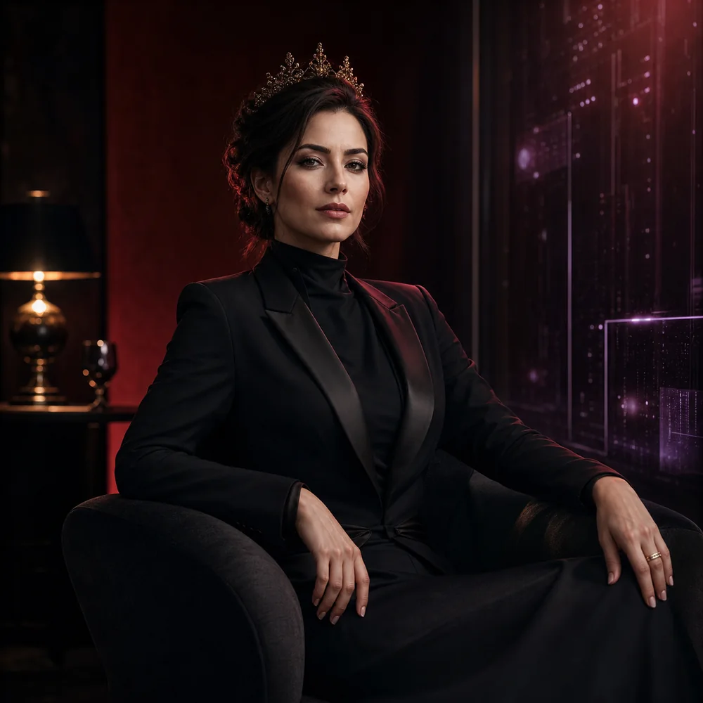 Elegant AI Dominatrix character seated in a dark burgundy digital lounge