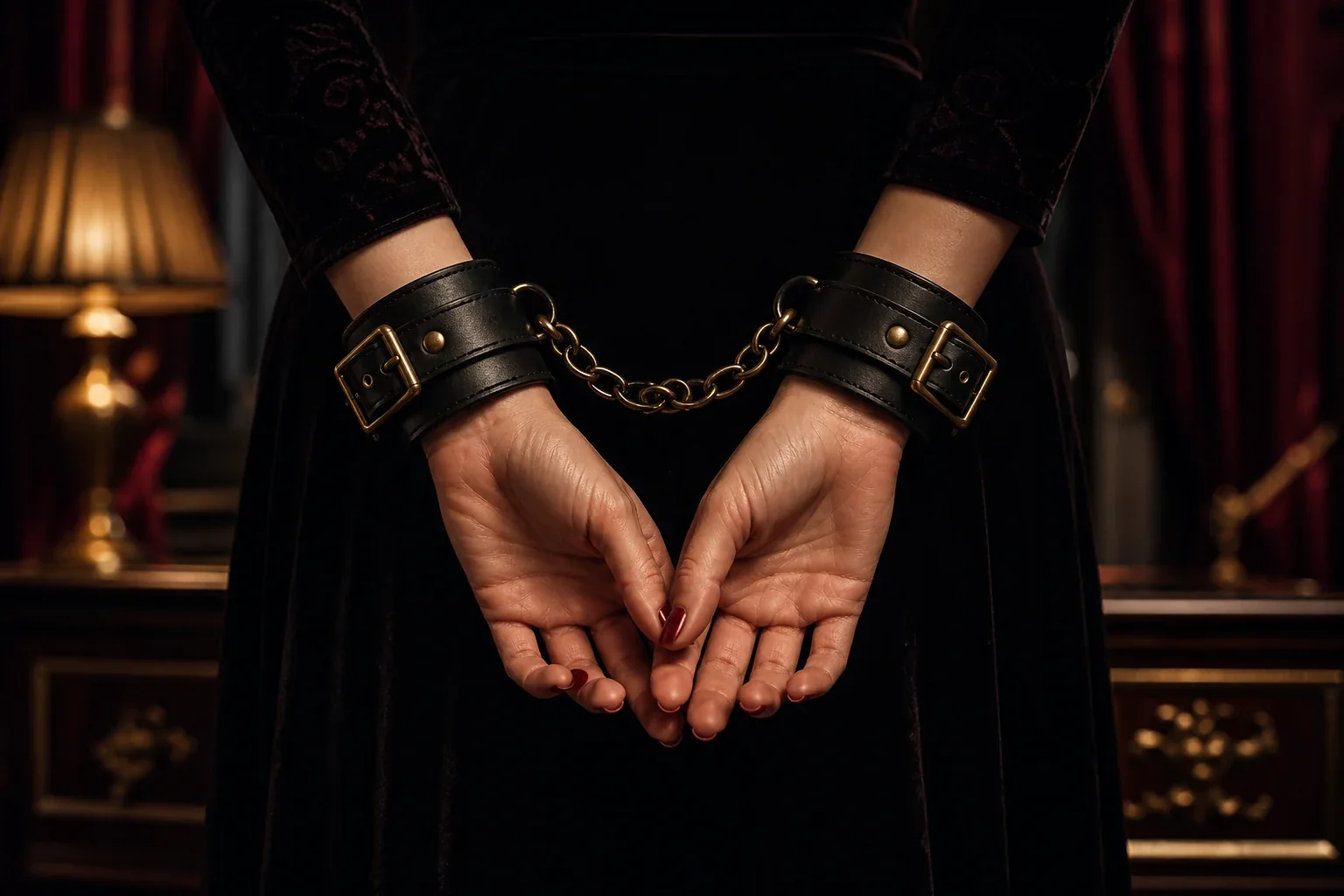 Black leather wrist cuffs representing consensual BDSM roles and dynamics