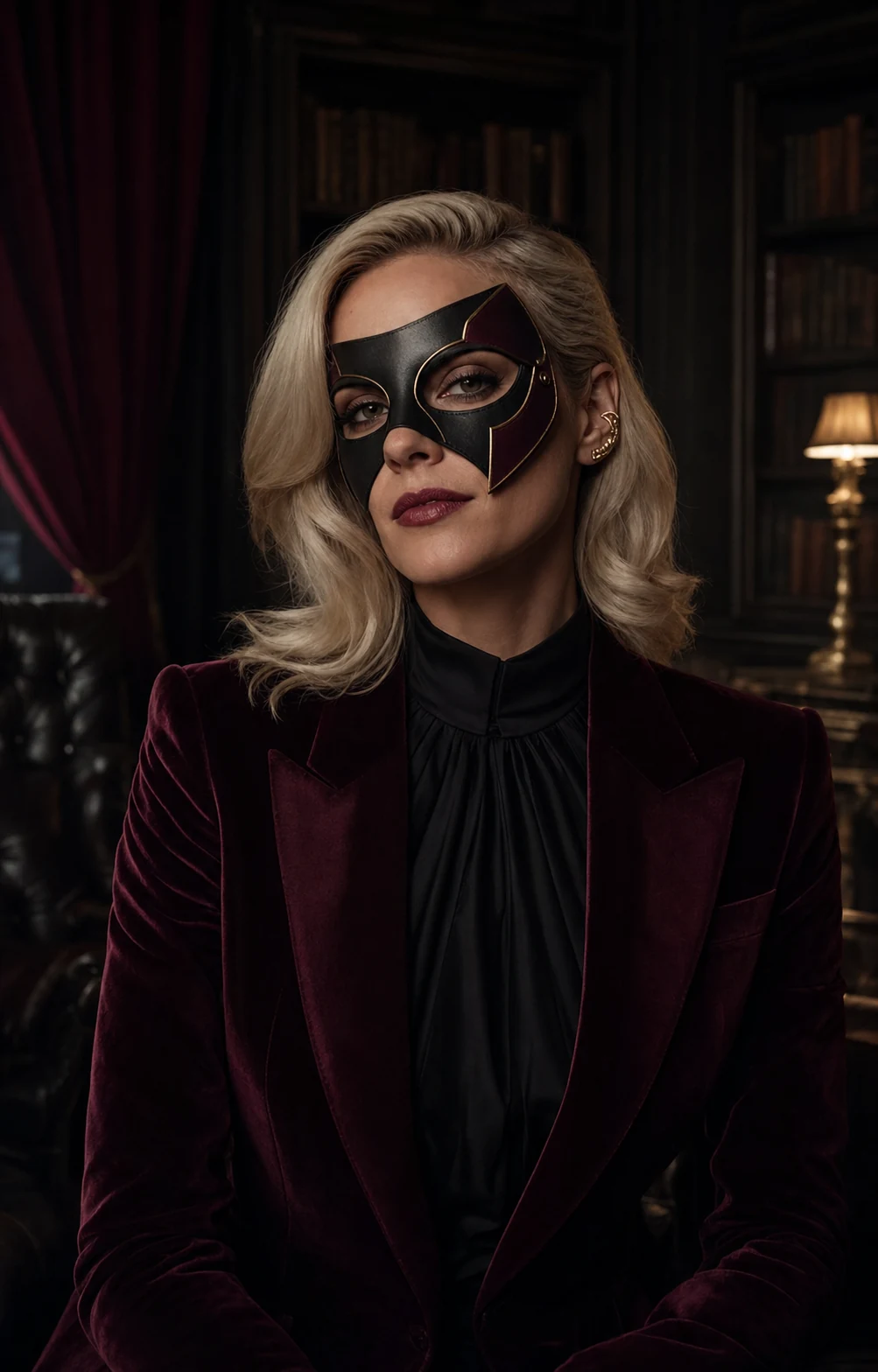 Mistress Vera wearing a sculpted black and burgundy masquerade mask